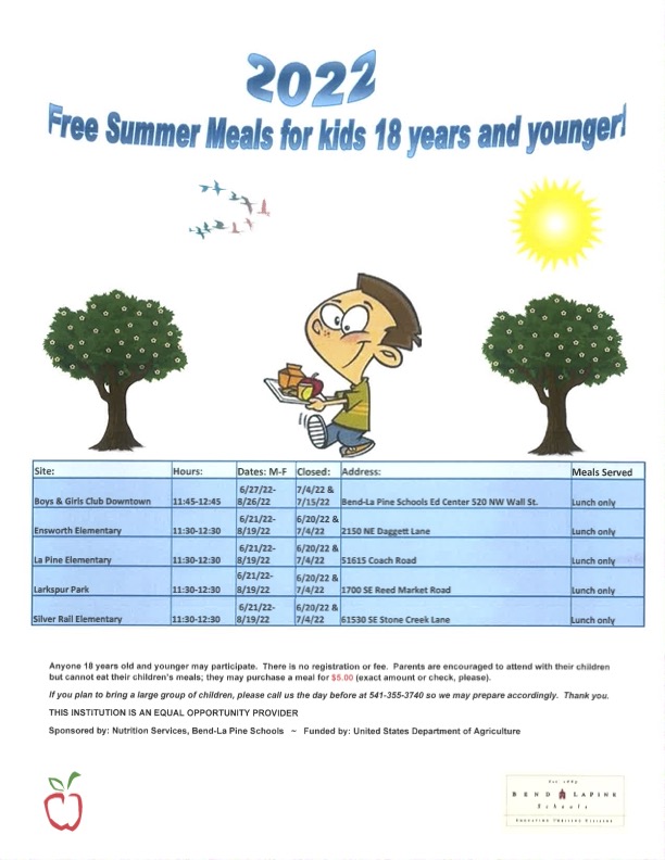 BendLa Pine Schools 2022 Free Summer Meals Program